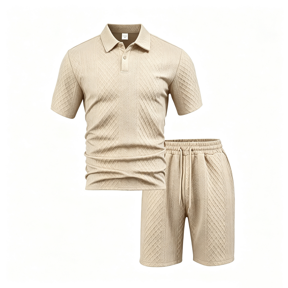 Men’s Diamond Pattern Turn-Down Collar Short Sleeve Top & Drawstring Shorts 2-Piece Set