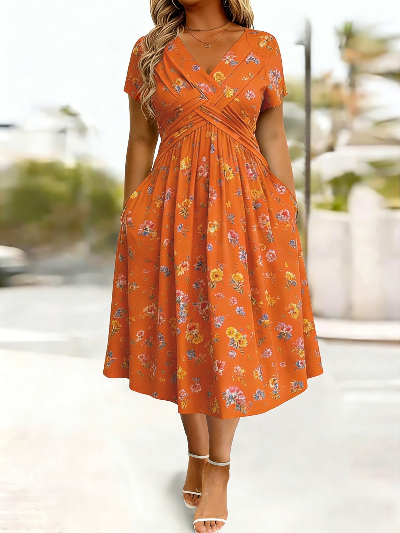 ð¥Women's V-Neck Floral Print Dress with Twist Waist