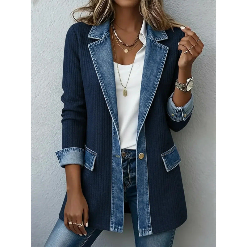 🔥Denim Patchwork Ribbed Knit Jacket – Relaxed Women’s Layer
