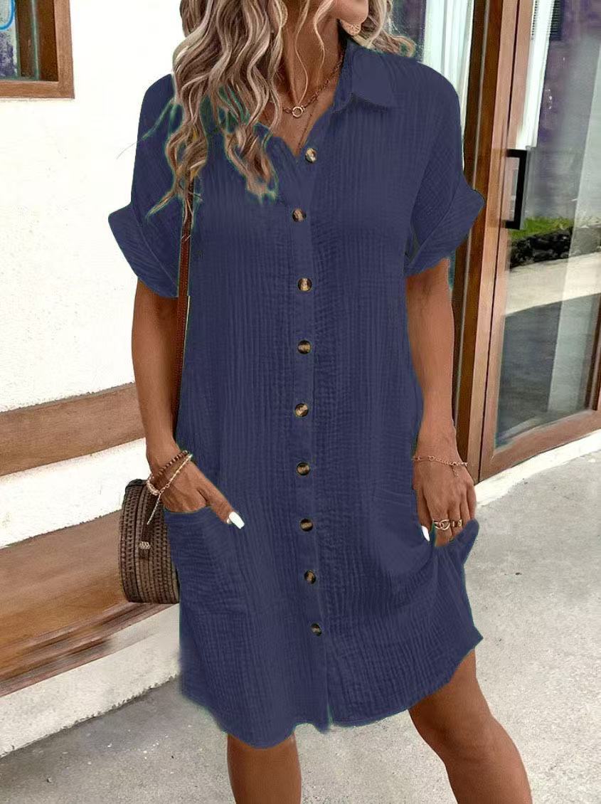 Women's Button Down Linen Short Sleeve Shirt Dress With Pockets