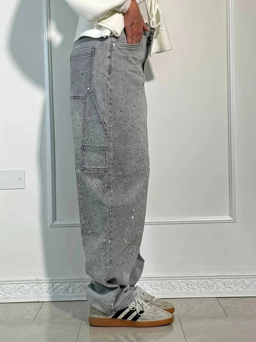 Rhinestone Embellished Wide Leg Jeans