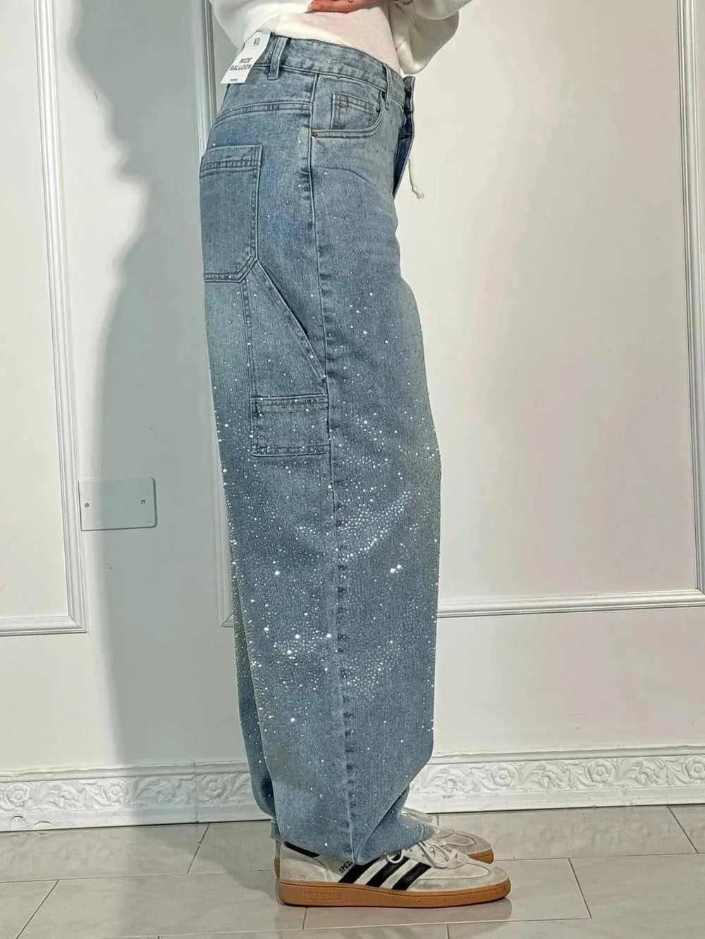 Rhinestone Embellished Wide Leg Jeans