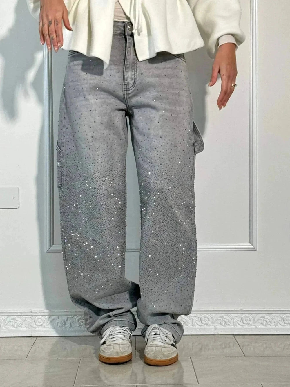 Rhinestone Embellished Wide Leg Jeans