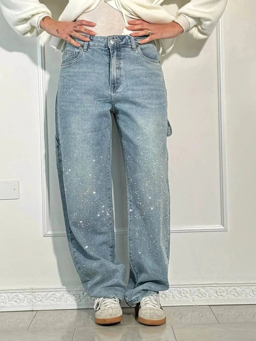 Rhinestone Embellished Wide Leg Jeans