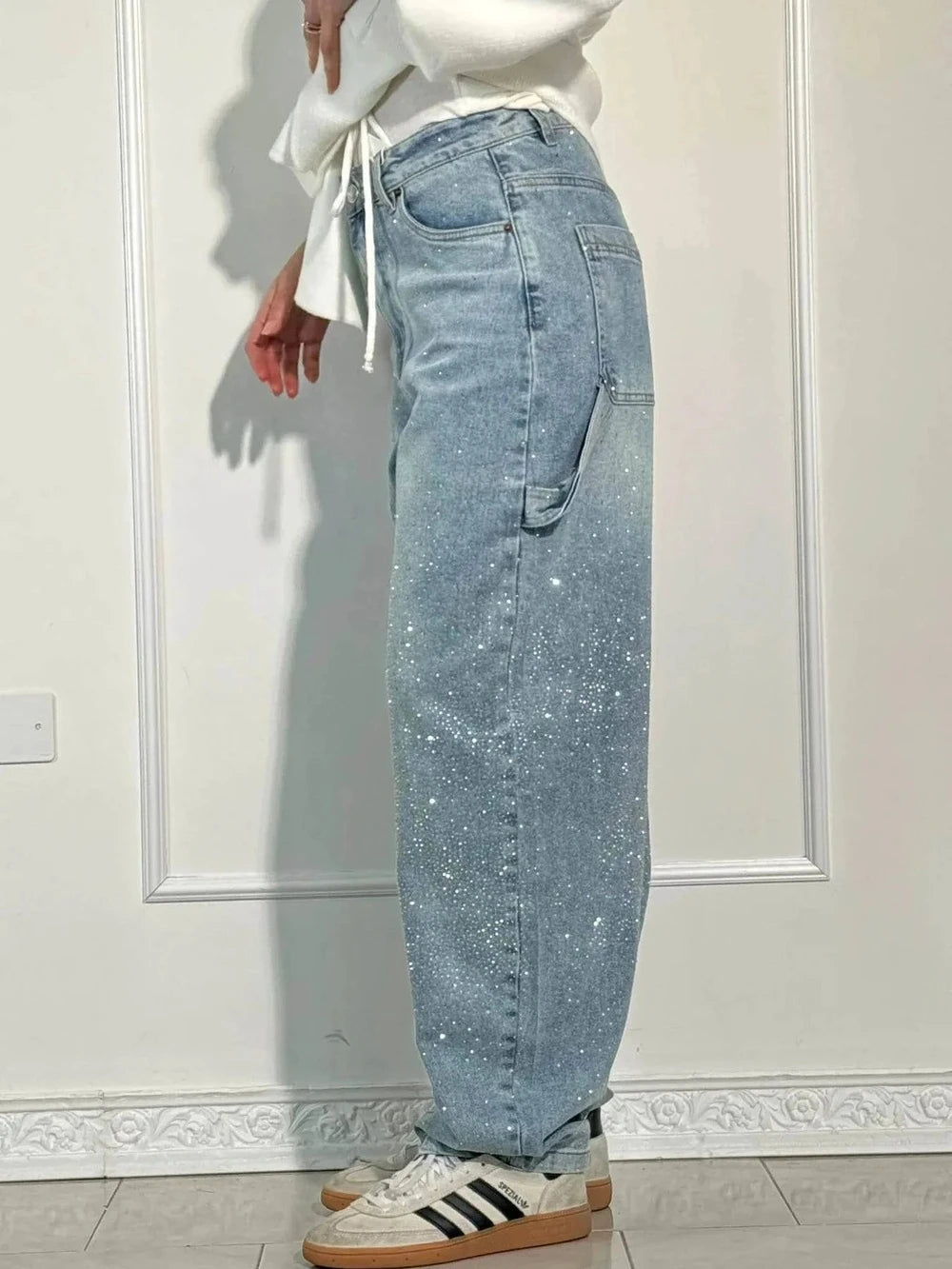Rhinestone Embellished Wide Leg Jeans