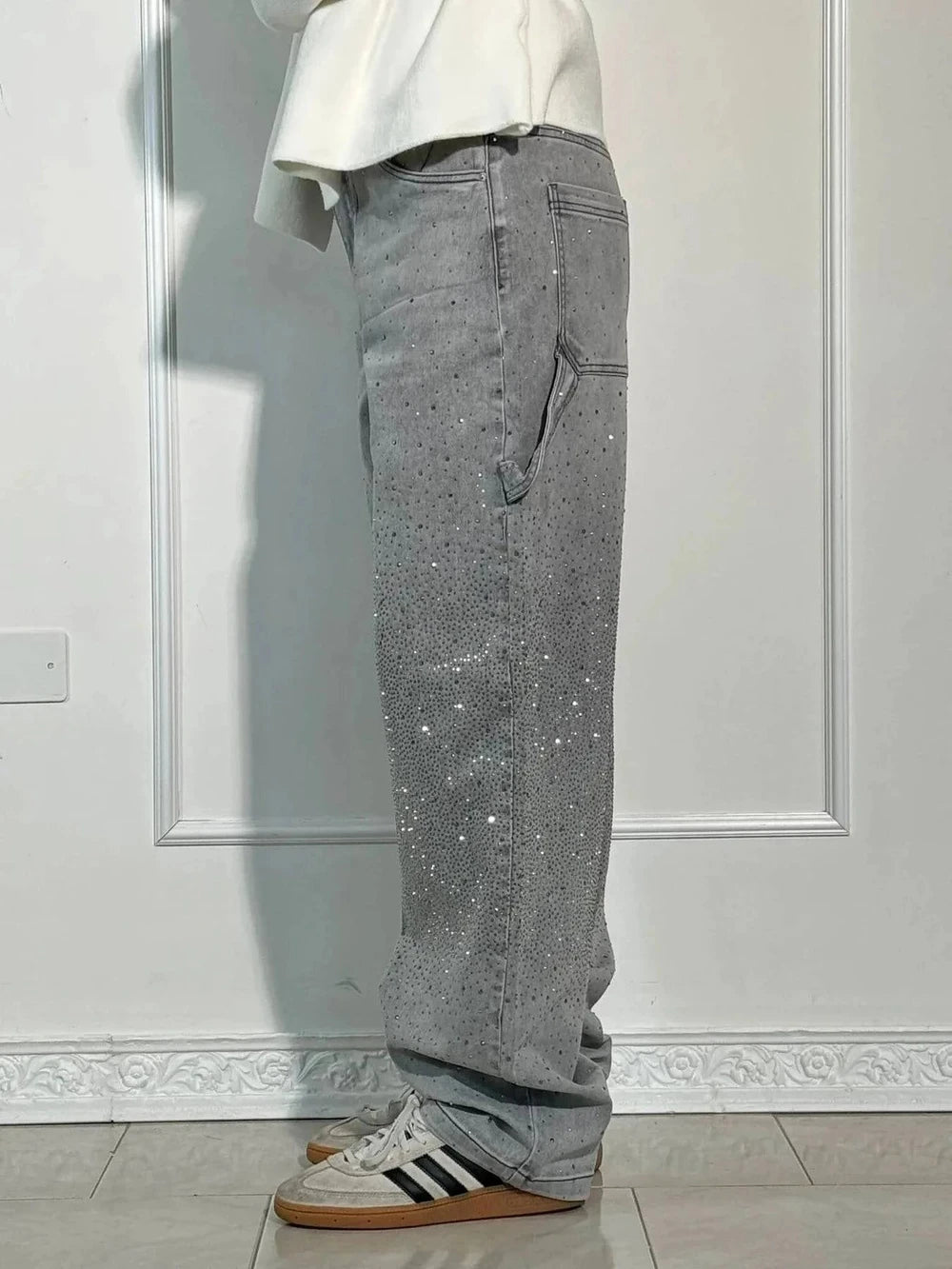 Rhinestone Embellished Wide Leg Jeans