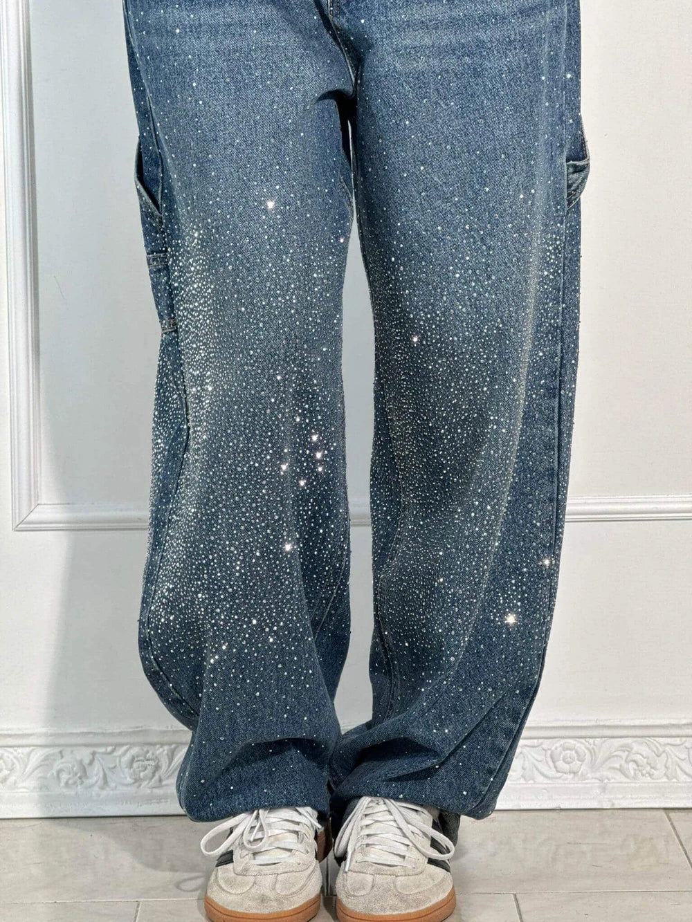 Rhinestone Embellished Wide Leg Jeans