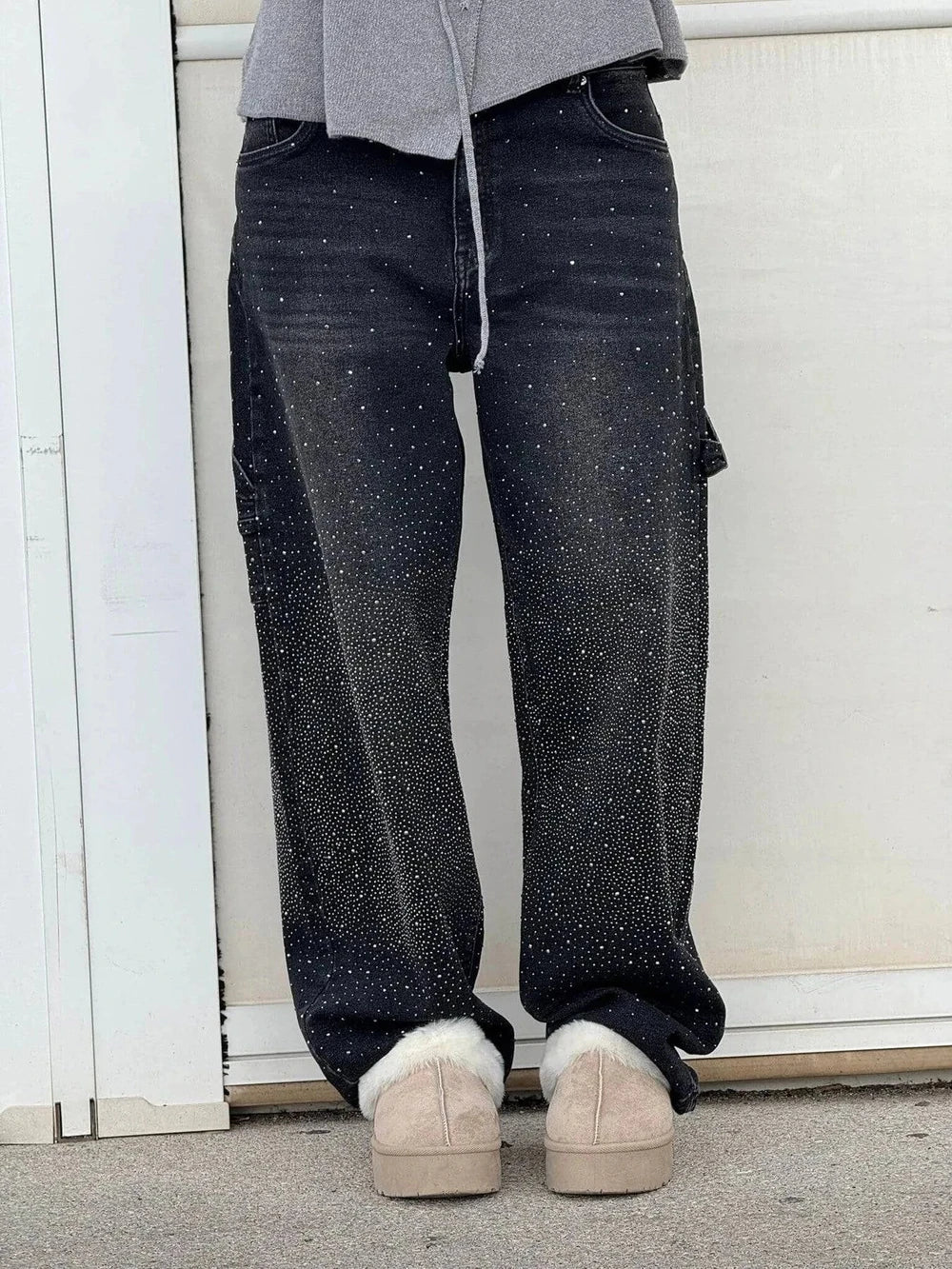 Rhinestone Embellished Wide Leg Jeans