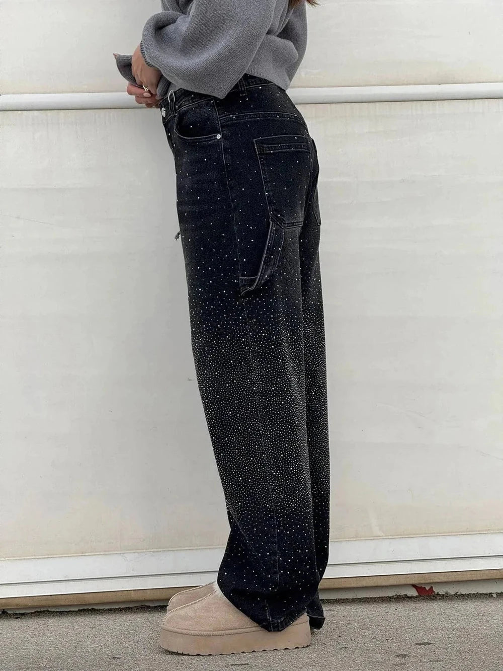 Rhinestone Embellished Wide Leg Jeans