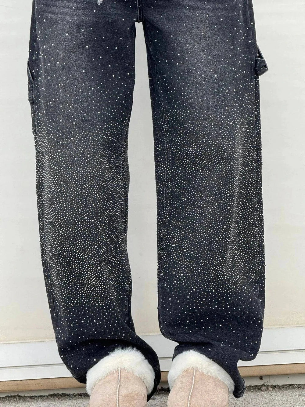 Rhinestone Embellished Wide Leg Jeans