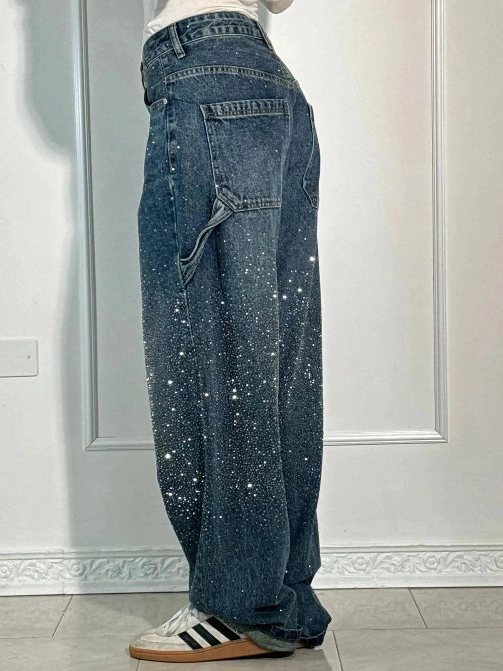 Rhinestone Embellished Wide Leg Jeans