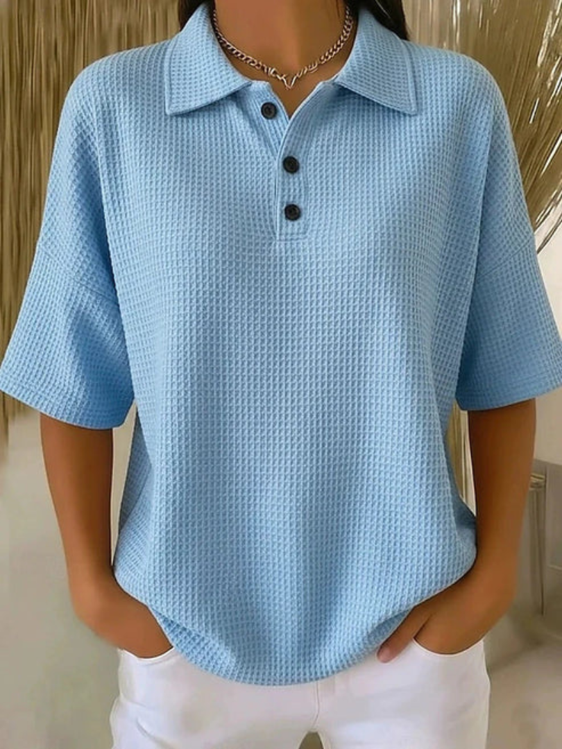 Peggie Comfortable Waffle Polo Blouse - Blue