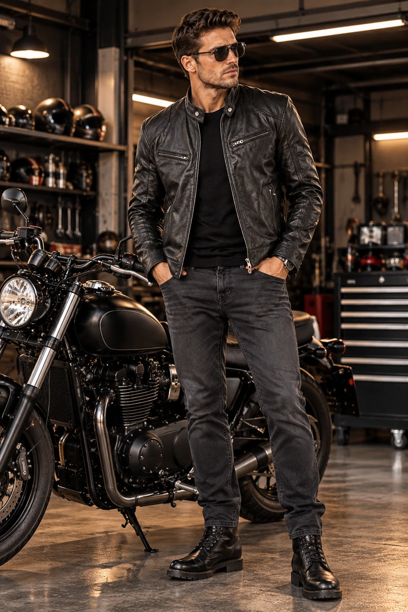 Mens Classic Stand Collar Leather Jacket