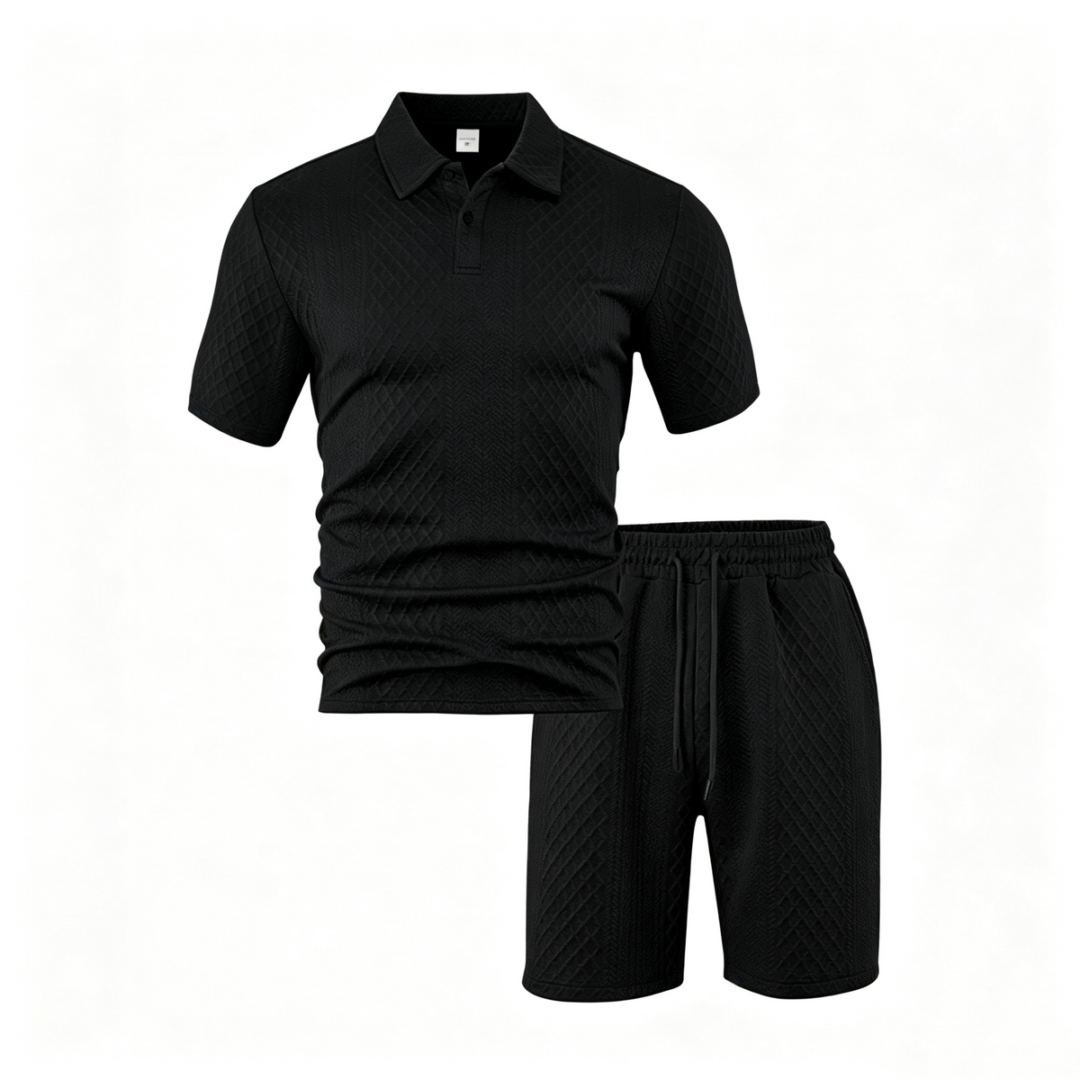 Men’s Diamond Pattern Turn-Down Collar Short Sleeve Top & Drawstring Shorts 2-Piece Set