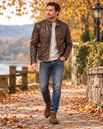 Mens Classic Stand Collar Leather Jacket