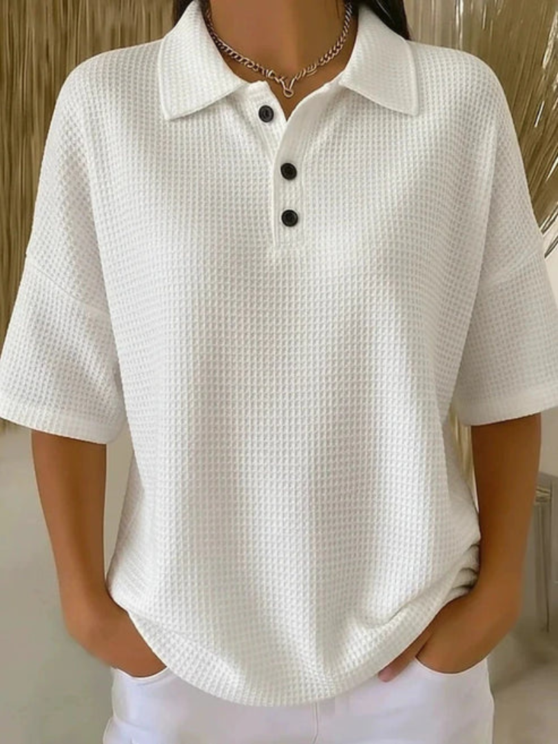 Peggie Comfortable Waffle Polo Blouse - White