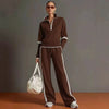 Contrast Trim Half Zip Wide Leg Set