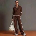 Contrast Trim Half Zip Wide Leg Set