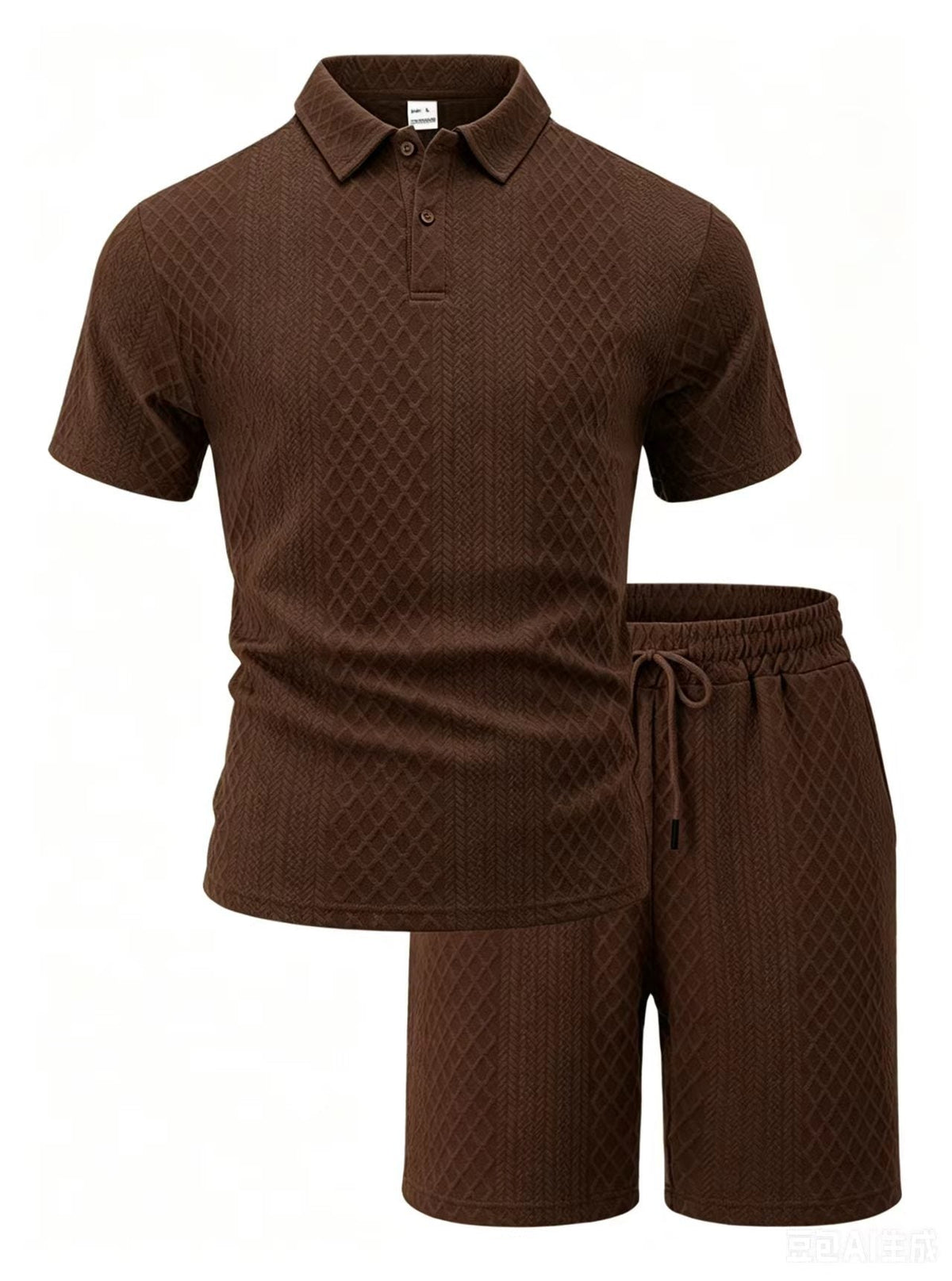 Men’s Diamond Pattern Turn-Down Collar Short Sleeve Top & Drawstring Shorts 2-Piece Set