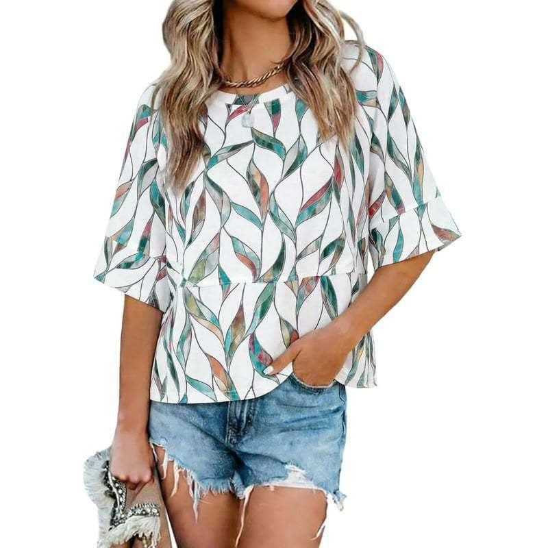 Relaxed Flared Sleeve T-Shirt - Leaf Print