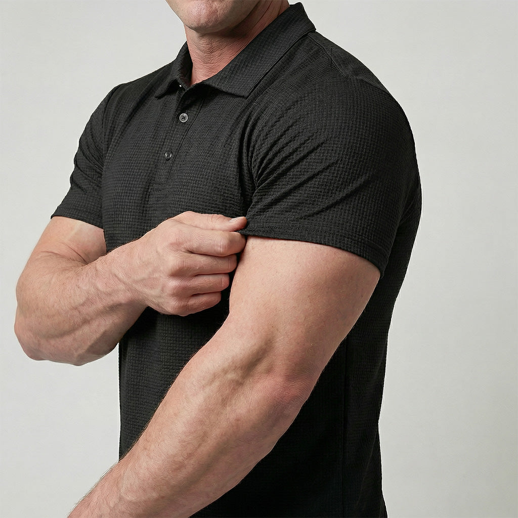 Men's black polo fit and sleeve detail