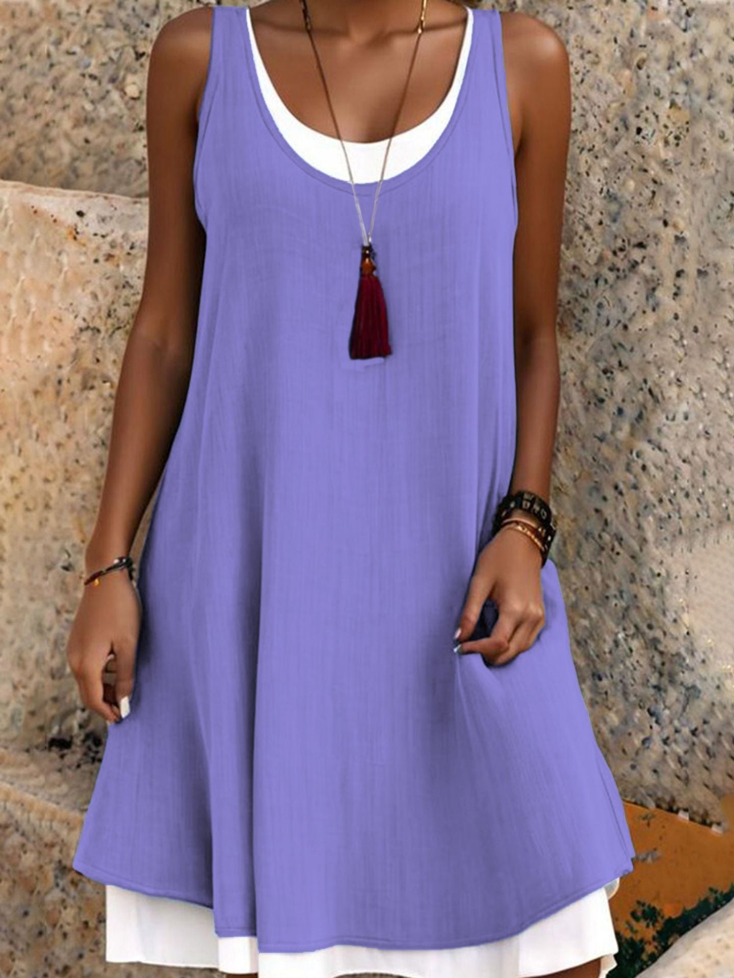 💃Women's Casual Loose Sleeveless Fake Two Piece Tank Dress