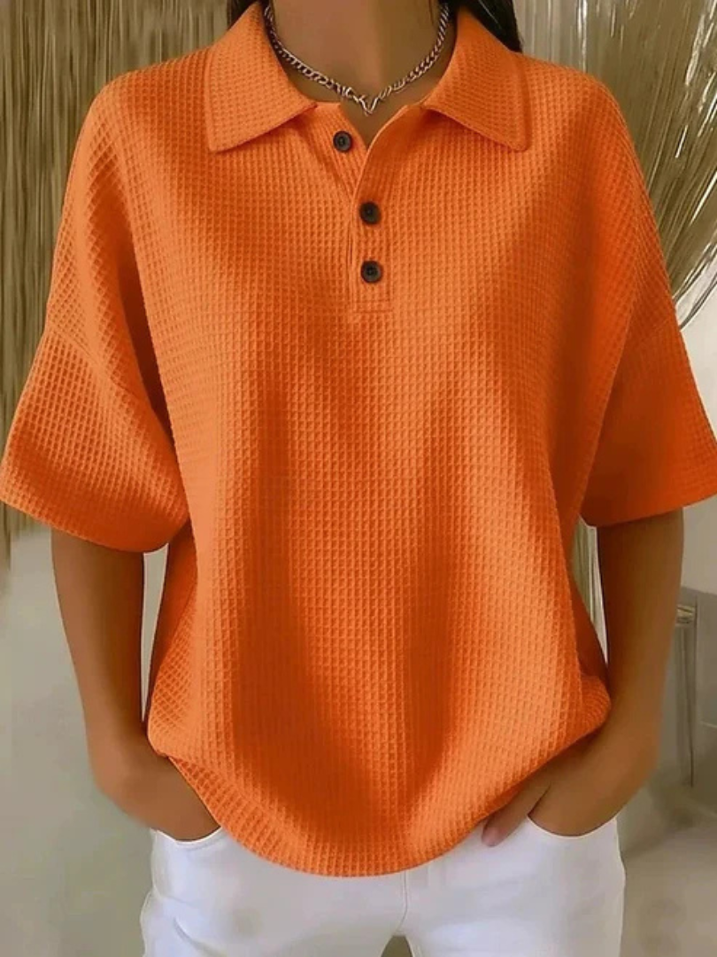 Peggie Comfortable Waffle Polo Blouse - Orange