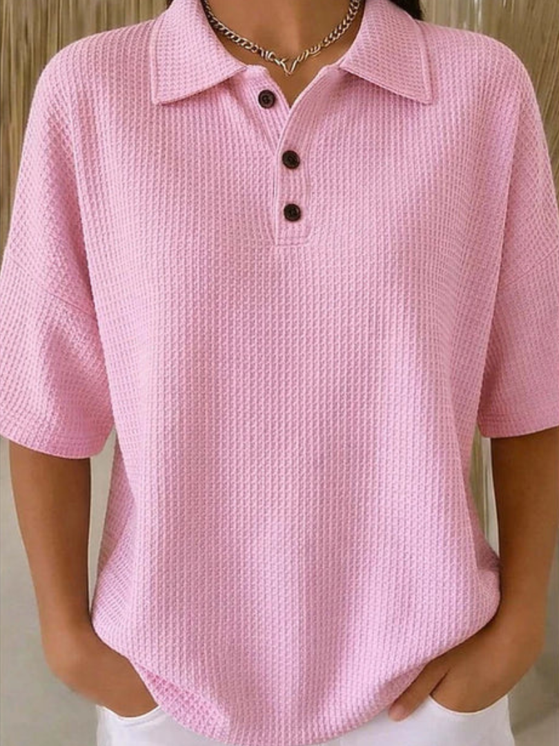 Peggie Comfortable Waffle Polo Blouse - Pink