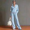 Contrast Trim Half Zip Wide Leg Set