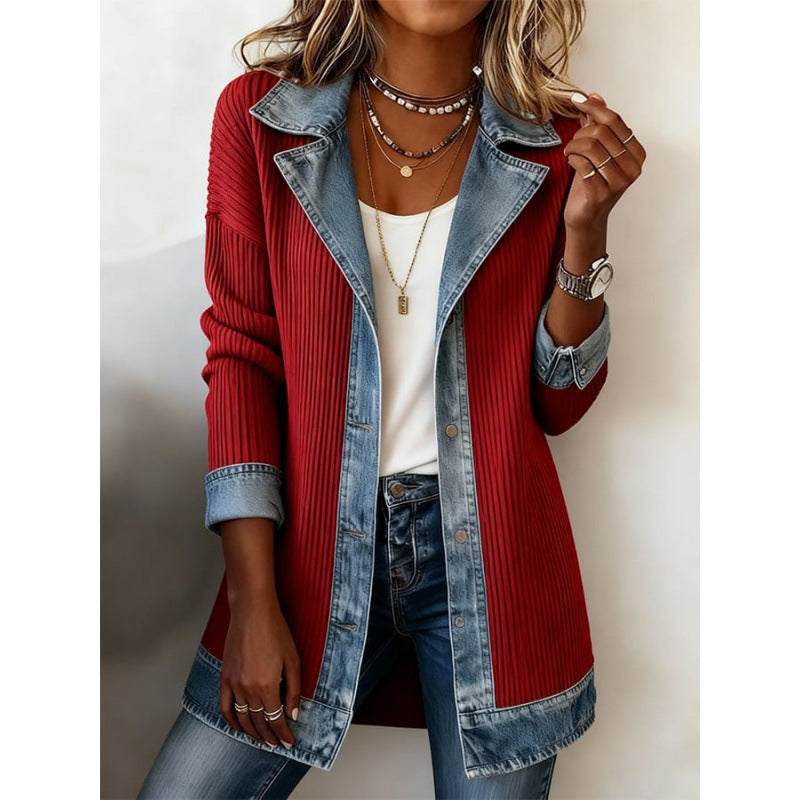 🔥Denim Patchwork Ribbed Knit Jacket – Relaxed Women’s Layer