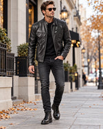 Mens Classic Stand Collar Leather Jacket