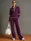 Contrast Trim Half Zip Wide Leg Set