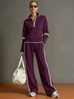 Contrast Trim Half Zip Wide Leg Set