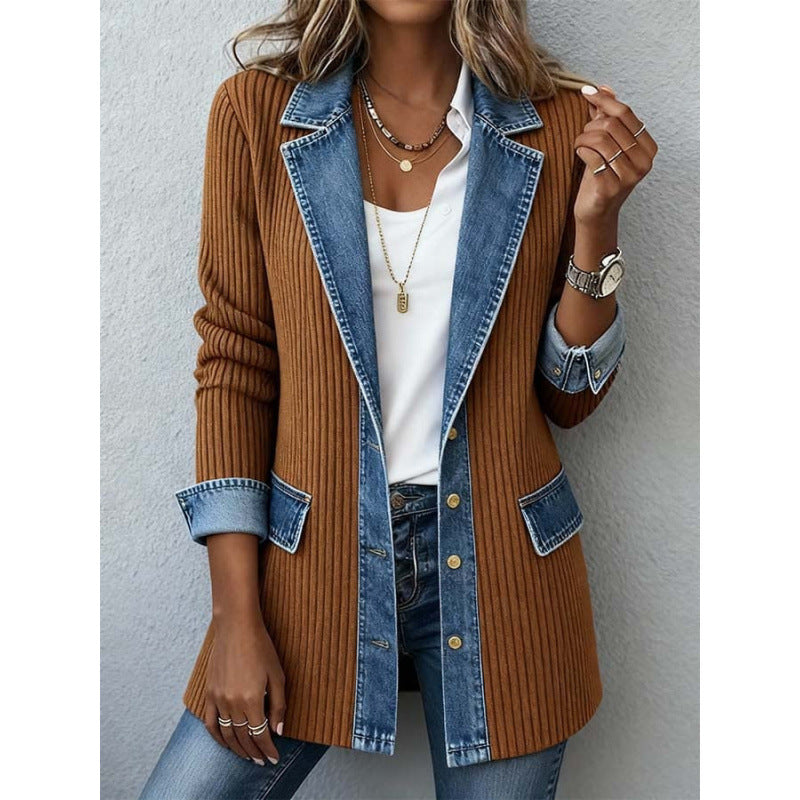 🔥Denim Patchwork Ribbed Knit Jacket – Relaxed Women’s Layer
