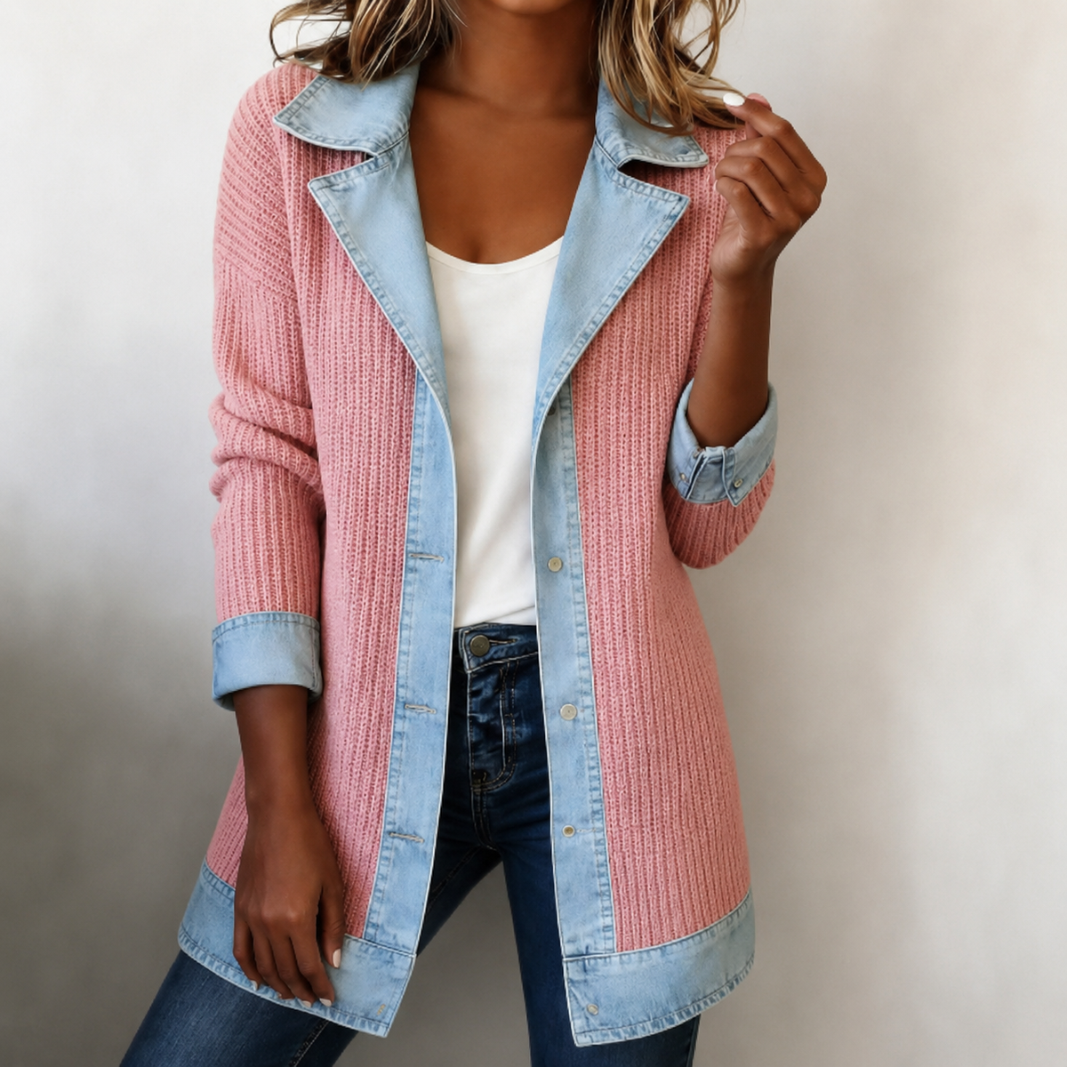 🔥Denim Patchwork Ribbed Knit Jacket – Relaxed Women’s Layer