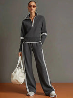 Contrast Trim Half Zip Wide Leg Set