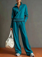 Contrast Trim Half Zip Wide Leg Set