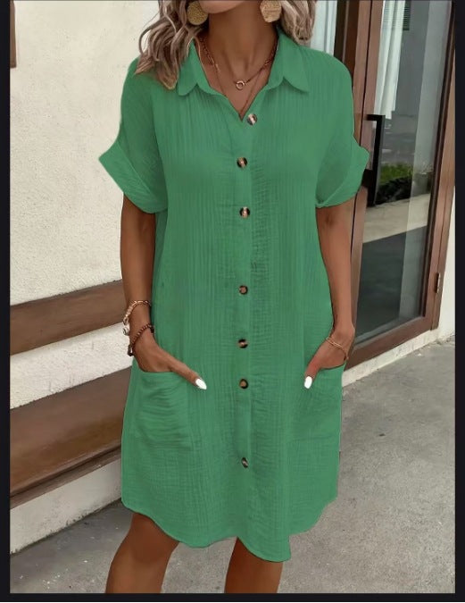 Women's Button Down Linen Short Sleeve Shirt Dress With Pockets
