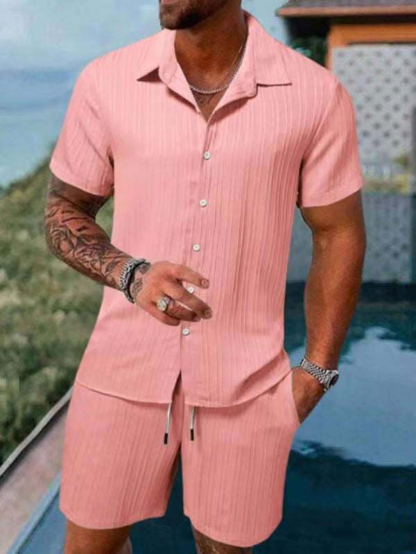 Casual Vertical Texture Short Sleeve Set For Men ☀️