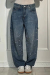 Rhinestone Embellished Wide Leg Jeans