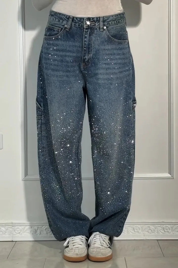 Rhinestone Embellished Wide Leg Jeans
