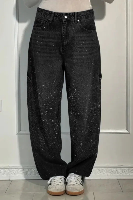 Rhinestone Embellished Wide Leg Jeans