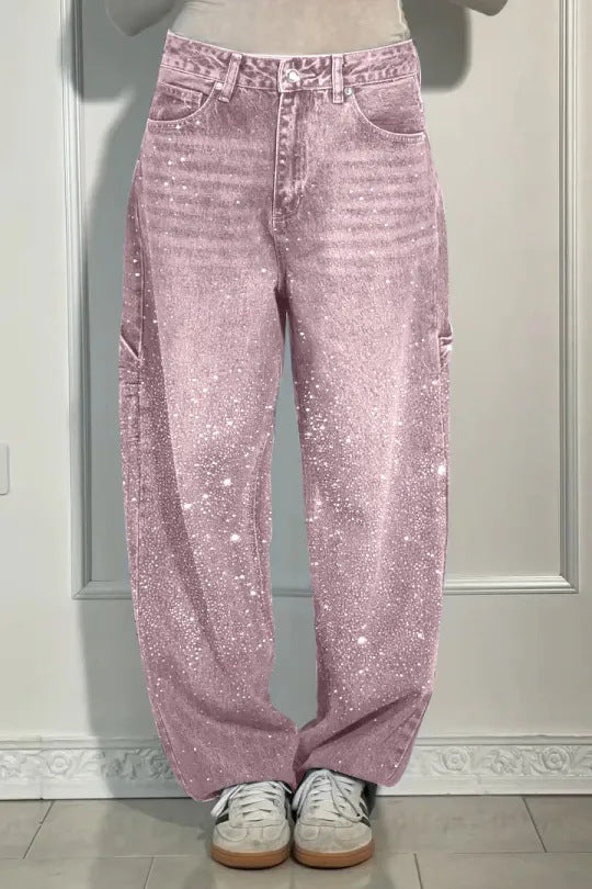 Rhinestone Embellished Wide Leg Jeans