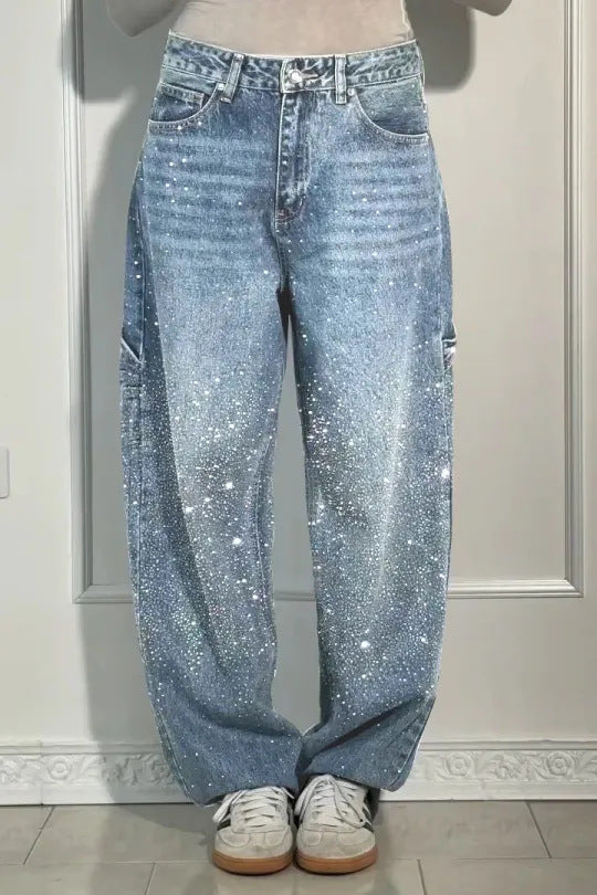 Rhinestone Embellished Wide Leg Jeans