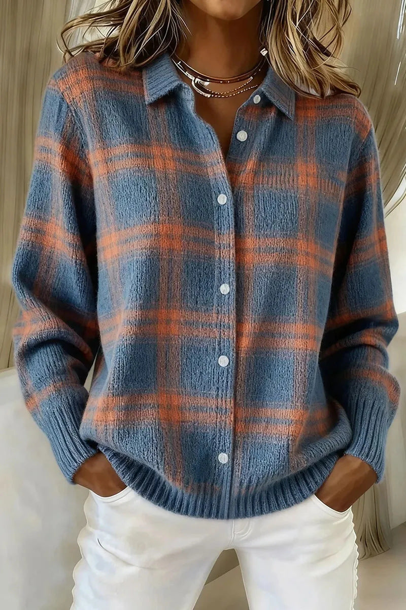 Brushed Plaid Knit Cardigan