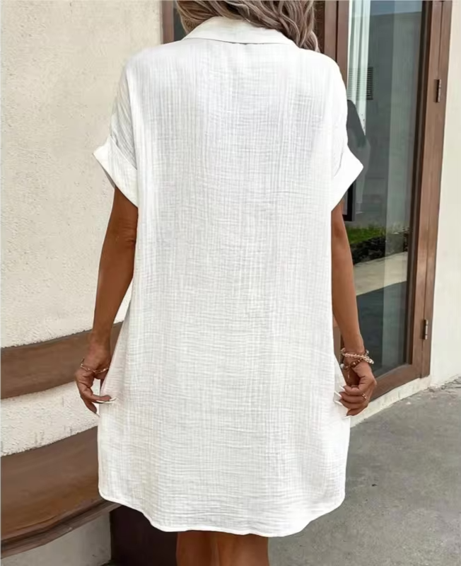 Women's Button Down Linen Short Sleeve Shirt Dress With Pockets