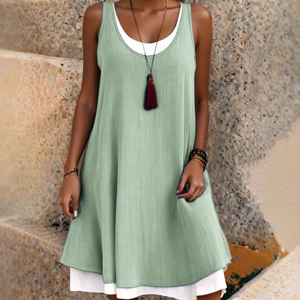 💃Women's Casual Loose Sleeveless Fake Two Piece Tank Dress
