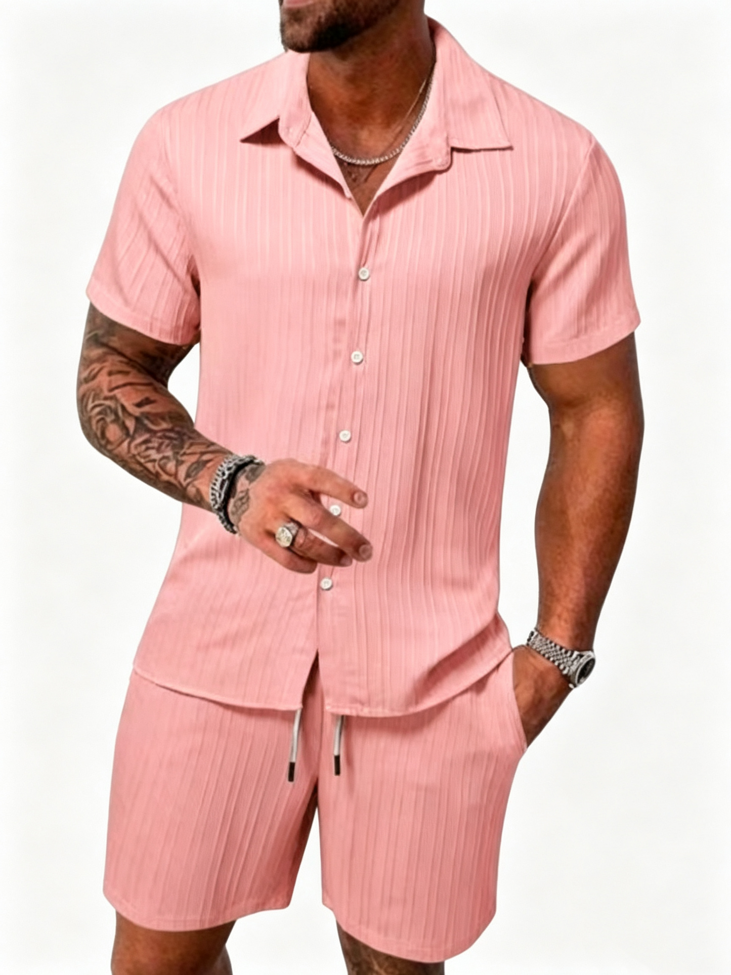 Casual Vertical Texture Short Sleeve Set For Men ☀️