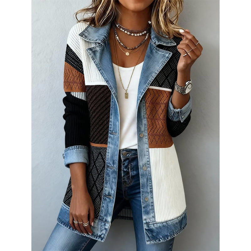 🔥Denim Patchwork Ribbed Knit Jacket – Relaxed Women’s Layer