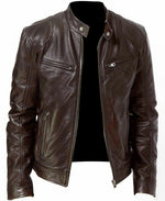 Mens Classic Stand Collar Leather Jacket